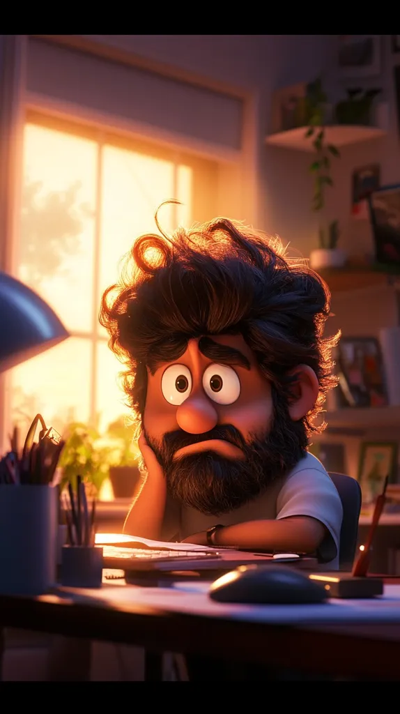 A stylized cartoon character, a man with messy dark hair and a beard, sits at a desk in a dimly lit room.  He appears tired and frustrated, his head resting on his hand, in front of a computer.  The warm glow of a sunset illuminates the scene through a window behind him. The overall mood is one of weariness and perhaps creative block.