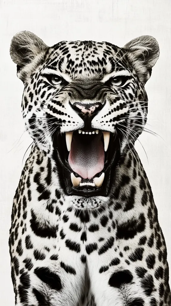 A striking monochrome close-up captures a leopard's head and upper body.  Its mouth is open in a fierce roar, revealing sharp teeth. The black and white fur pattern is vividly detailed, emphasizing the animal's powerful presence against a textured white background. The image has a dramatic, almost graphic quality.