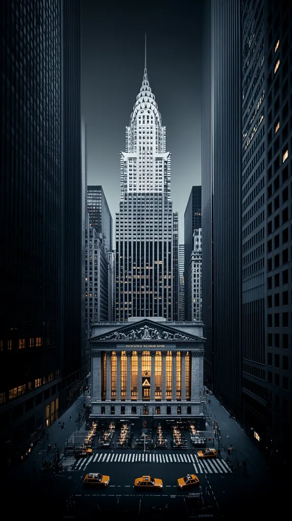A dramatic, high-angle shot captures the Chrysler Building, a majestic Art Deco skyscraper, nestled between towering Manhattan buildings. The Chrysler Building's spire pierces the twilight sky, its illuminated windows contrasting with the dark facades of surrounding structures.  At the base, a grand building, possibly a bank, sits bathed in warm interior light, with yellow cabs adding a splash of color to the intersection below.  The overall mood is one of urban grandeur and twilight mystery.