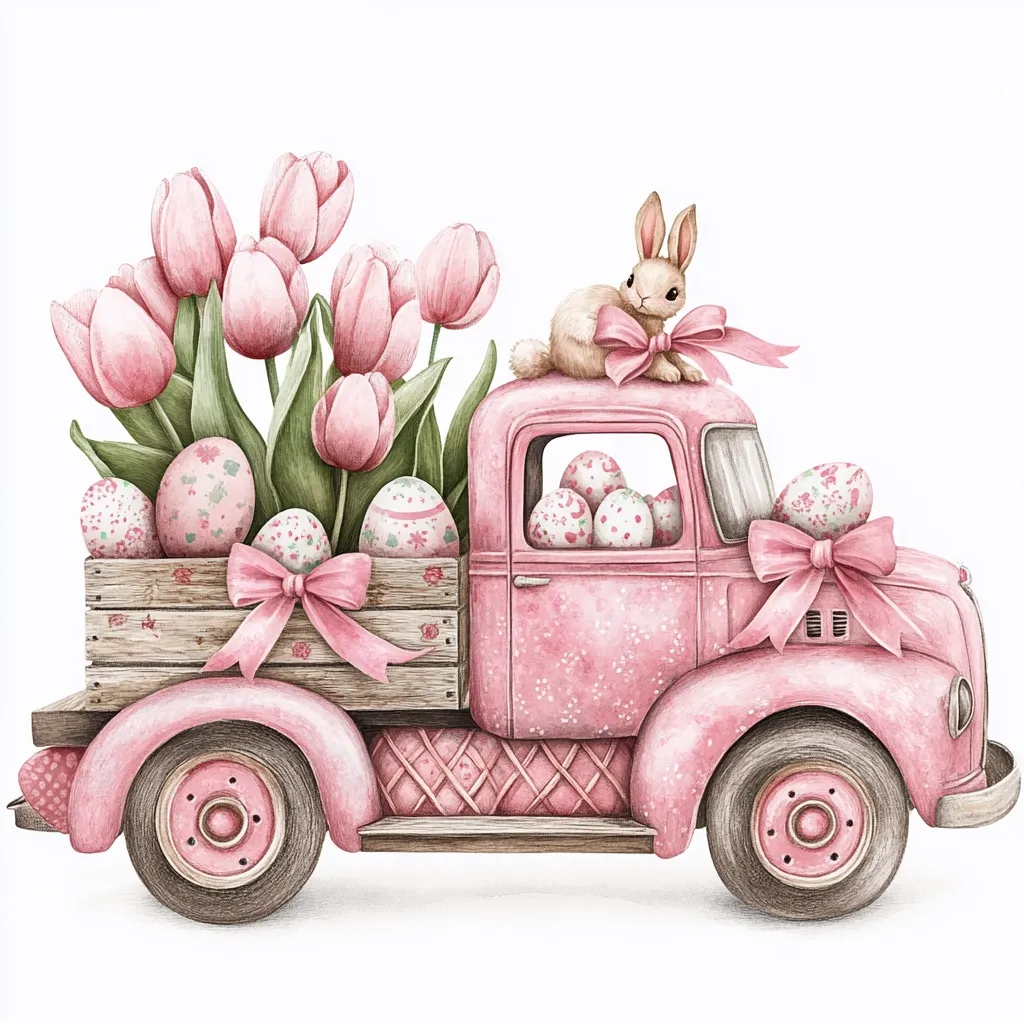A charming watercolor illustration depicts a pink vintage truck overflowing with Easter eggs and a bouquet of pink tulips. A sweet bunny rabbit sits atop the truck, adorned with a pink ribbon.  The truck bed is a rustic wooden crate, also tied with a pink ribbon. The entire scene is cheerful and festive, perfect for an Easter card or decoration.