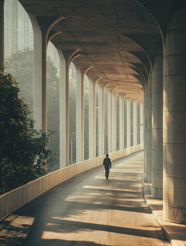 A lone figure walks down a long, curved pathway under a modern concrete overpass.  The path is lined with a simple railing, and numerous evenly spaced pillars create a colonnade effect.  Morning light filters through the structure, casting long shadows on the ground.  Trees and buildings are visible in the hazy distance. The scene evokes a sense of solitude and urban tranquility.