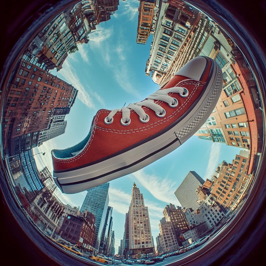 A fisheye lens captures a vibrant red Converse Chuck Taylor All Star shoe suspended above a city street.  Tall buildings stretch upwards towards a bright blue sky, creating a dramatic, almost surreal perspective. The shoe's position and the exaggerated depth of field emphasize the urban environment.  The image is stylized and visually striking.