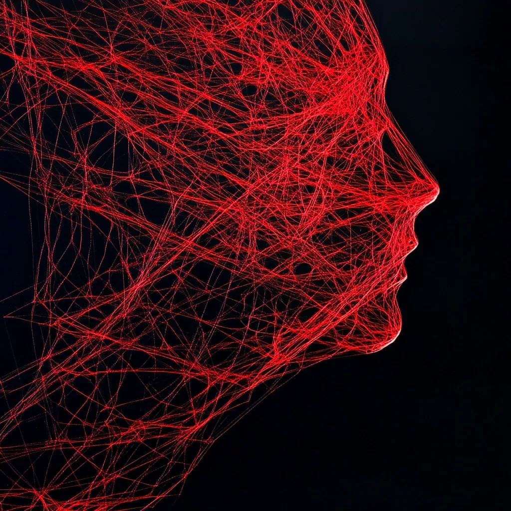 A profile view of a face is enveloped in a complex network of glowing red threads against a stark black background.  The intricate web-like structure obscures the facial features, creating an abstract and surreal image.  The red threads suggest a sense of entanglement or connection, possibly symbolizing the complexities of the human mind or experience.