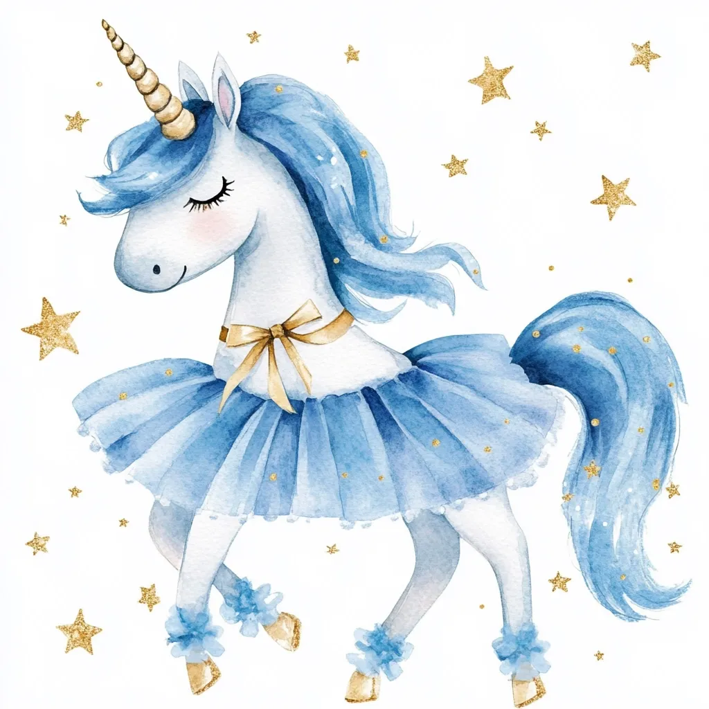 A watercolor painting of a whimsical unicorn, adorned in a light blue tutu and gold accents.  Its mane and tail are a vibrant blue, flowing gracefully.  Gold glitter stars are scattered around the unicorn, adding a magical touch. The unicorn has its eyes closed, appearing serene and peaceful, perfect for a child's room or nursery.
