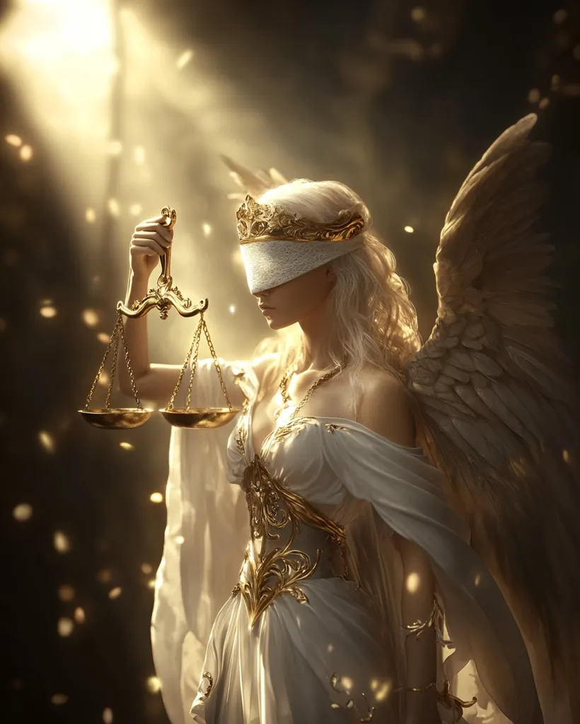 A celestial being, adorned in a flowing white gown and golden embellishments, holds a scale of justice.  Her blindfold and angelic wings suggest impartiality and divine judgment.  Golden light illuminates her, creating a mystical atmosphere within a dark, ethereal setting.  The scene evokes a sense of fairness and the weighing of souls or destinies.