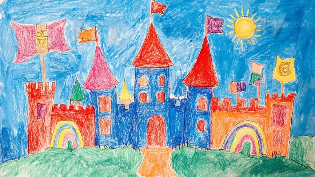 A child's crayon drawing depicts a vibrant castle under a bright sun.  The castle boasts multiple towers in shades of red, pink, and blue, adorned with flags and rainbows.  The style is simplistic yet imaginative, with bold colors and a playful composition.  The scene is set against a clear blue sky, adding to the cheerful and whimsical nature of the artwork.