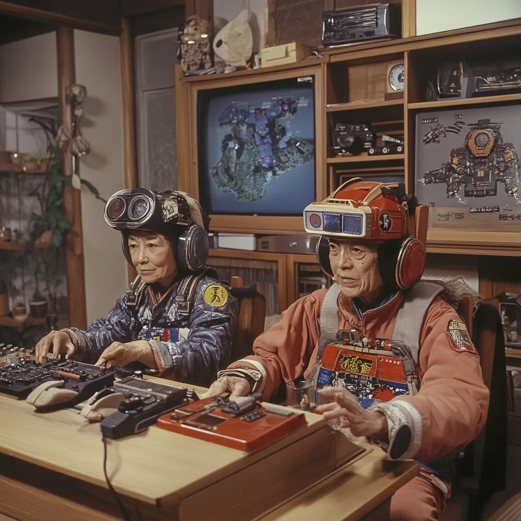 Two elderly Japanese individuals are seated at a desk, wearing unique helmet-like devices with headphones and what appear to be rudimentary virtual reality visors.  They are operating custom-built electronic control panels in front of a television displaying a digital landscape. The room is cluttered with electronic equipment and retro-futuristic artifacts.  The scene evokes a blend of vintage technology and experimental gaming.