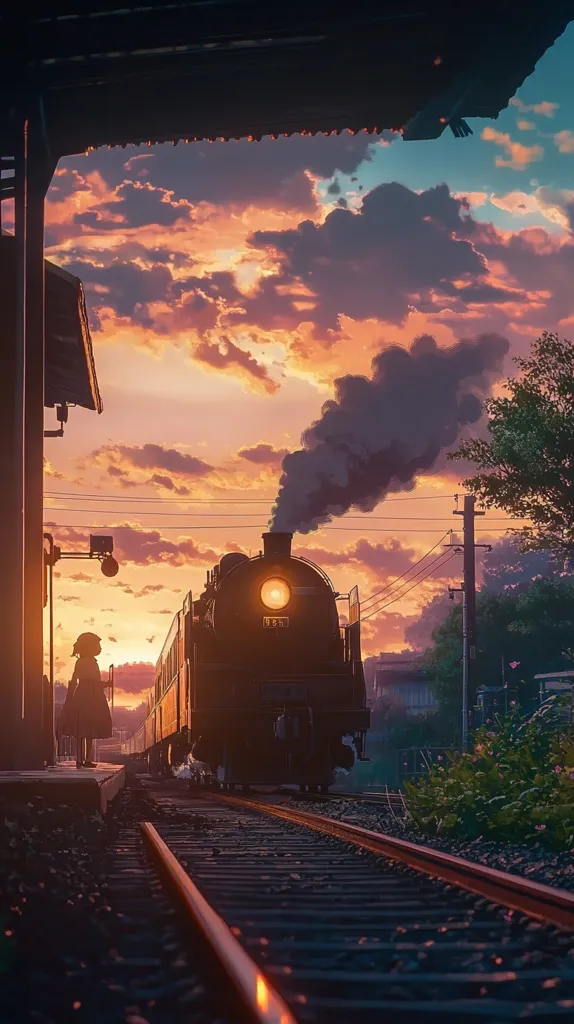 A steam train pulls into a quaint station at sunset.  A lone figure, a young girl, stands on the platform, silhouetted against the warm, vibrant sky.  The scene is serene and nostalgic, evoking a sense of journey and departure.  Smoke billows from the train's engine, adding to the atmospheric beauty of the moment.  The overall style is reminiscent of anime art.