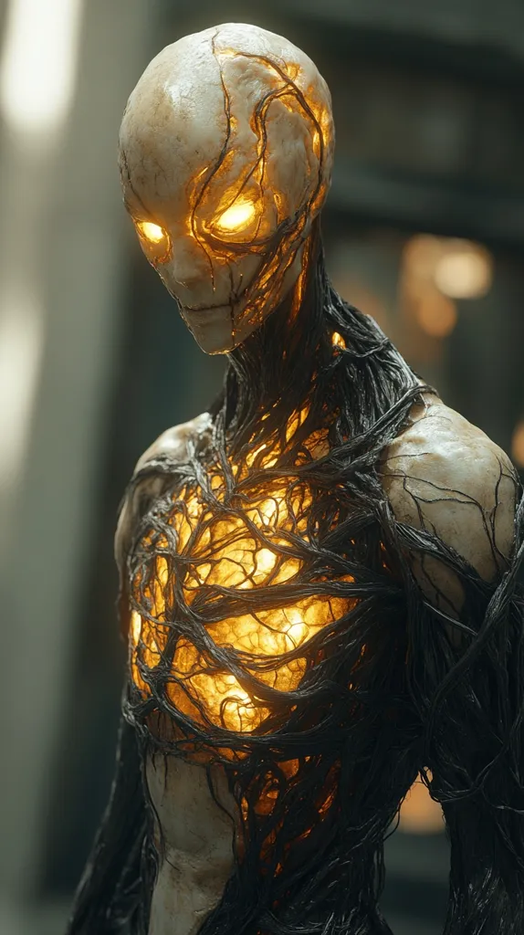 A digital rendering depicts a humanoid figure, its pale skin seemingly interwoven with dark, vine-like tendrils.  Glowing, amber light emanates from within, illuminating the intricate network of veins and tendrils. The creature's eyes glow with the same intense light, creating an eerie, otherworldly presence. The overall style is dark fantasy or science fiction.