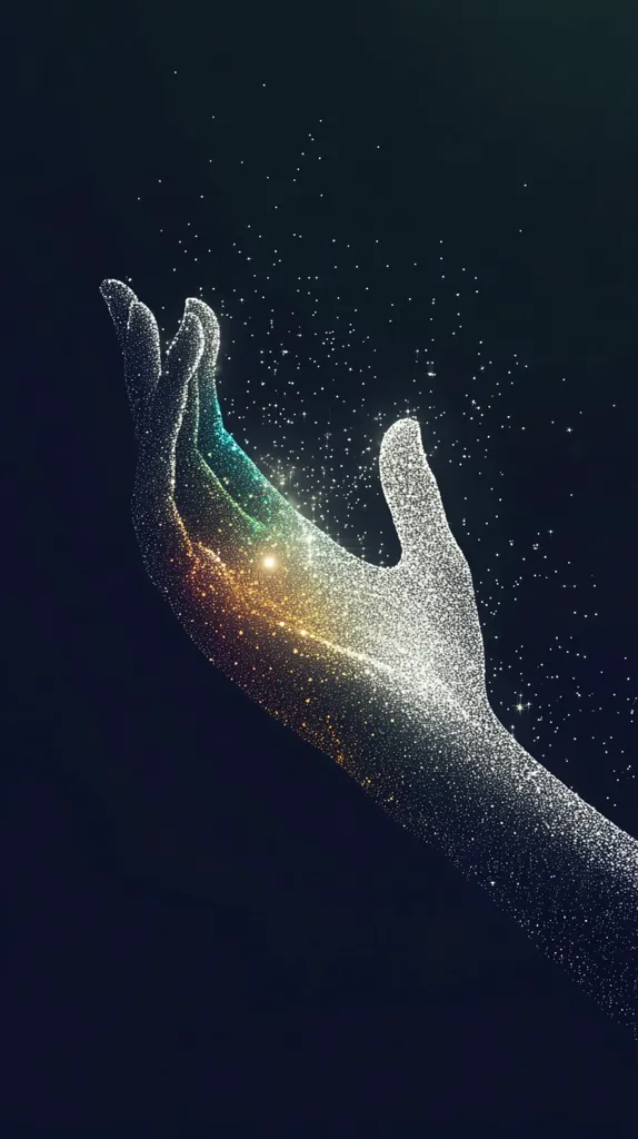 A stylized hand, rendered in shimmering particles, gracefully extends against a dark backdrop.  The hand appears to cradle or release a constellation of light, its form subtly glowing with iridescent hues of teal, gold, and silver.  The overall effect is ethereal and suggestive of creation, hope, or the delicate balance of power.  Tiny sparkling particles drift from the hand, adding to its mystical quality.