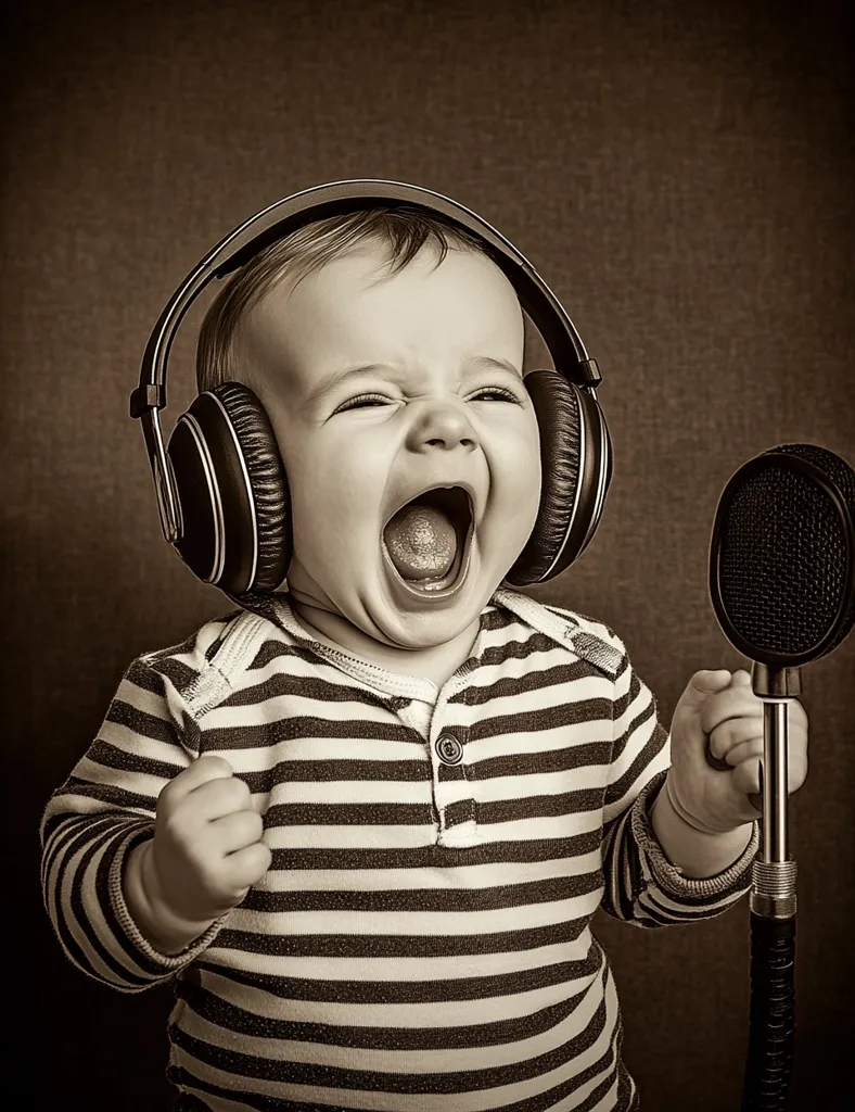 A sepia-toned image shows a baby enthusiastically singing into a microphone.  The baby, wearing large headphones and a striped shirt, has its mouth wide open in joyful song.  Its fists are clenched, conveying energy and excitement. The scene evokes a sense of playful recording studio fun.