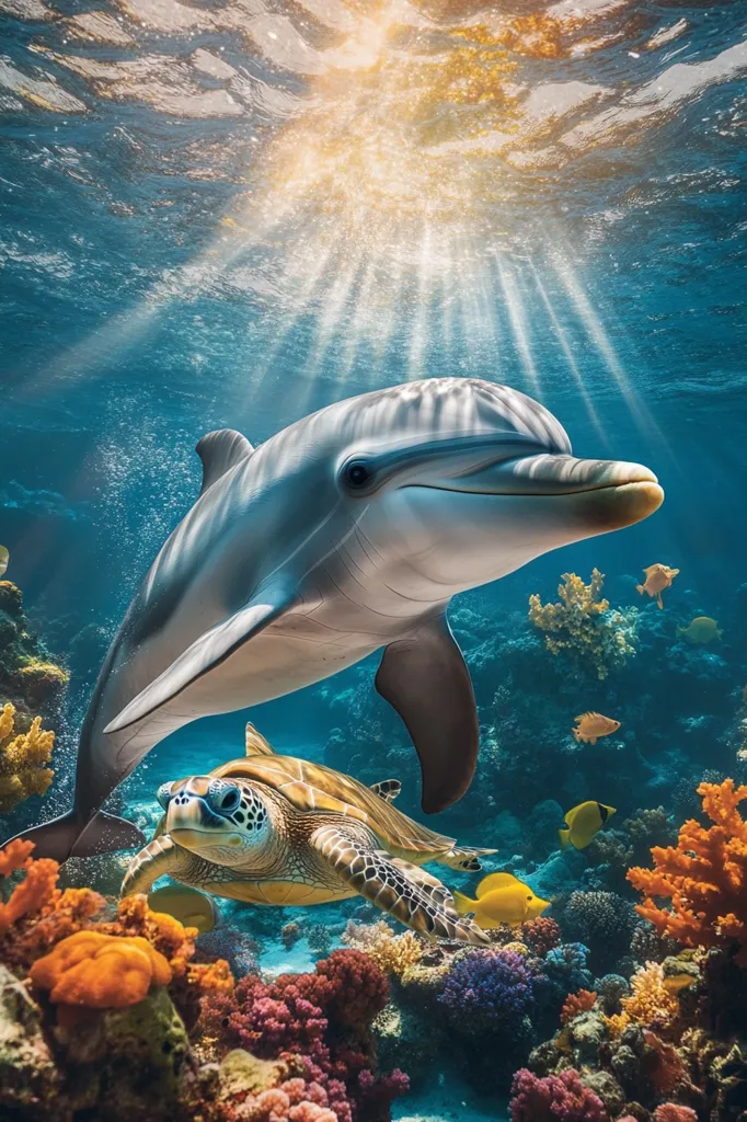 A bottlenose dolphin gracefully swims above a sea turtle in a vibrant coral reef. Sunlight streams down from the surface, illuminating the scene.  Colorful coral formations and various fish populate the reef. The image evokes a sense of underwater tranquility and the beauty of marine life.