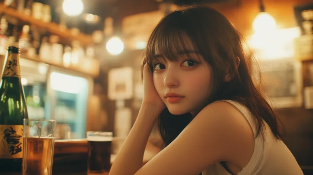 A young woman with shoulder-length brown hair and bangs sits in a dimly lit bar.  She rests her head in her hands, gazing directly at the camera.  A bottle of what appears to be sake and two glasses of drinks are visible on the bar in the foreground.  The warm lighting creates a soft, intimate atmosphere.
