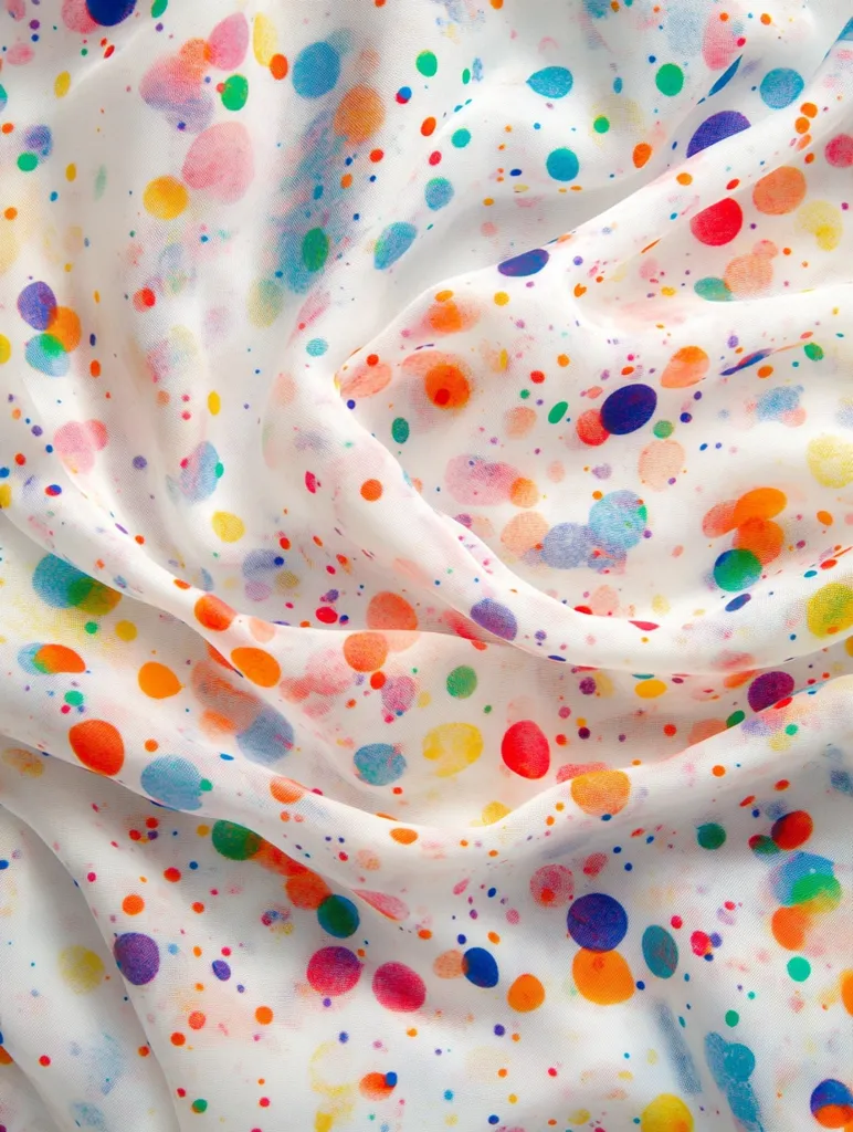 A close-up shot reveals a white fabric adorned with a vibrant, multicolored splatter pattern.  The fabric is soft and drapes gently, showcasing its texture.  The colorful dots vary in size and shade, creating a cheerful and playful aesthetic. The overall impression is one of bright, whimsical design.