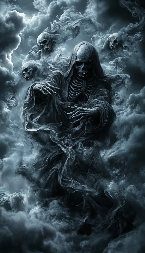 A skeletal figure, cloaked and hooded, emerges from swirling dark clouds.  Its bony hands reach out, surrounded by smaller skulls also wreathed in smoke and mist. The overall image evokes a sense of death, dread, and the macabre, with a dark, gothic aesthetic.  The grim reaper-like figure is central, dominating the ominous, stormy scene.