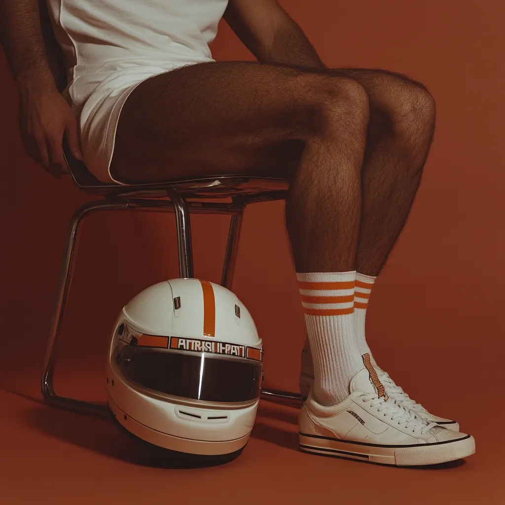 A man with hairy legs sits on a metal chair against a burnt orange backdrop. He wears white shorts, white socks with orange stripes, and white sneakers.  A white racing helmet with an orange stripe and "Pitrissi-Pat" lettering rests on the floor beside the chair. The overall aesthetic is retro and stylish.