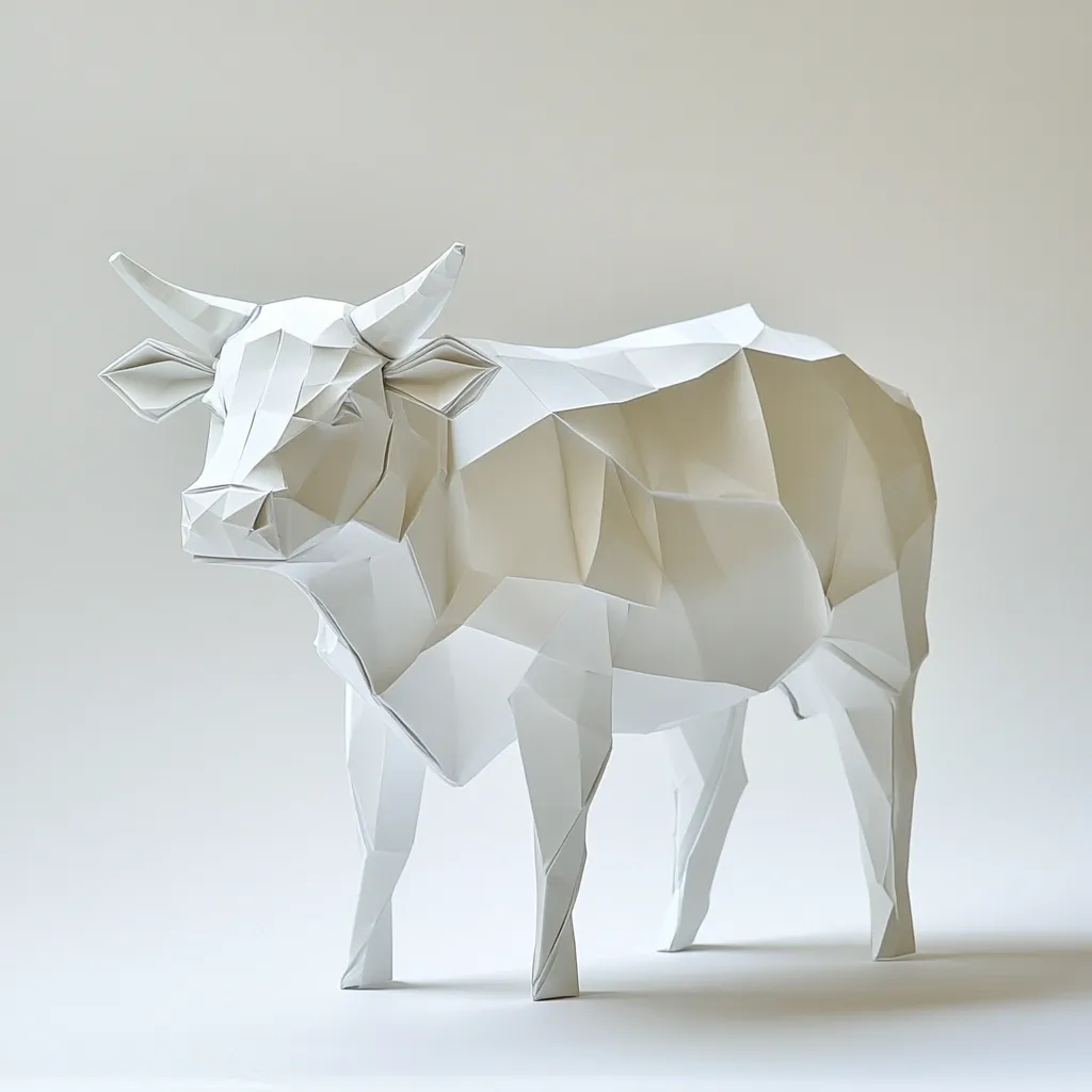 A white, low-polygonal sculpture of a cow stands against a plain white background.  The cow's form is rendered in sharp, angular facets, creating a geometric representation of the animal.  The style is minimalist and modern, with a focus on clean lines and simple shapes.  The overall effect is striking and contemporary.