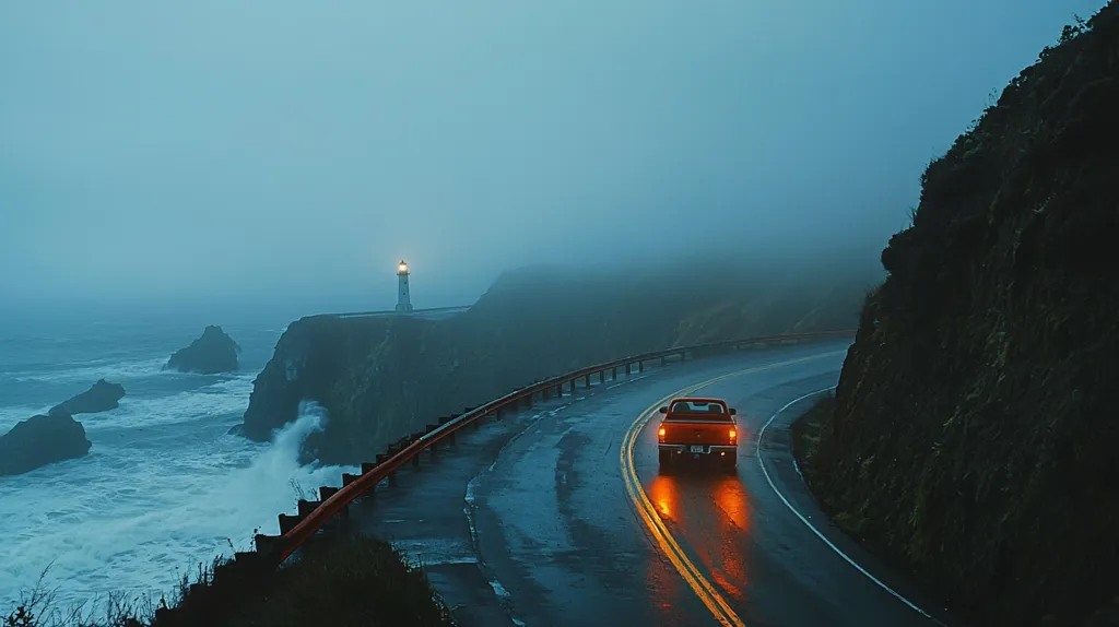 A lone red pickup truck drives along a winding coastal road on a foggy, overcast day.  Waves crash against the rocky shore below, while a distant lighthouse stands illuminated on a clifftop. The atmosphere is moody and serene, conveying a sense of isolation and the dramatic beauty of the coastline.  The road is wet, reflecting the truck's taillights.