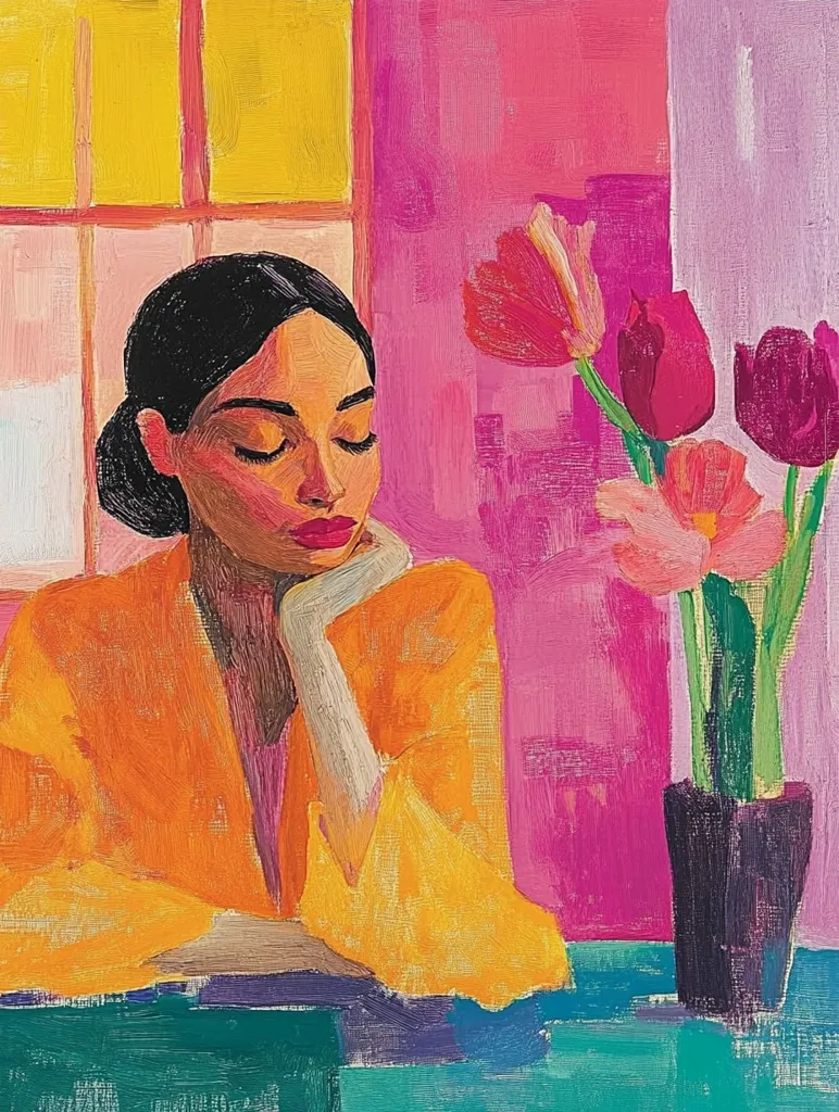 A vibrant painting depicts a woman with dark hair pulled back, wearing a bright orange robe.  Her eyes are closed, and she rests her chin on her hand, suggesting contemplation.  A vase of pink and purple tulips sits beside her on a teal table, contrasting against a pink and yellow background. The style is expressive and impasto, with visible brushstrokes adding texture and depth.