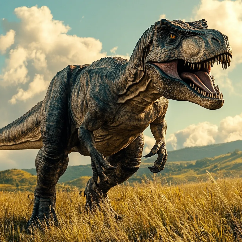 A large theropod dinosaur, possibly a Tyrannosaurus Rex, is depicted in a dramatic pose, striding through tall, golden grass under a partly cloudy sky. The dinosaur's muscular body and sharp teeth are vividly detailed, suggesting power and aggression.  The background showcases a rolling landscape under a bright, warm sky. The overall image is one of prehistoric power and beauty.