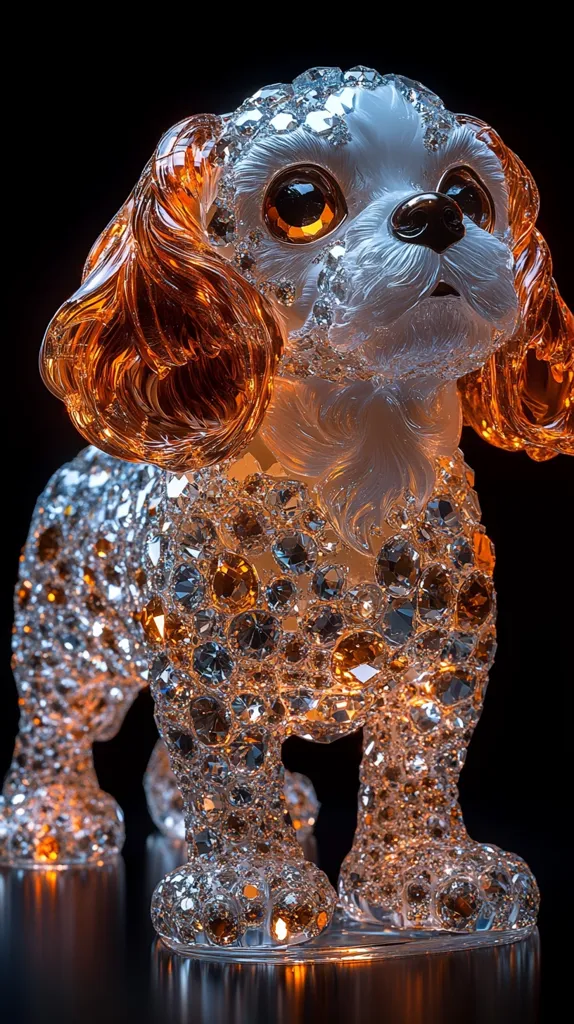 A crystalline dog figurine, seemingly a Cavalier King Charles Spaniel, is illuminated from below.  Its body is encrusted with numerous clear and amber crystals, giving it a dazzling, jeweled appearance. The dog's fur is realistically sculpted, with the amber crystals particularly highlighting its long, flowing ears. The piece is meticulously crafted and reflects light beautifully, creating a captivating display.