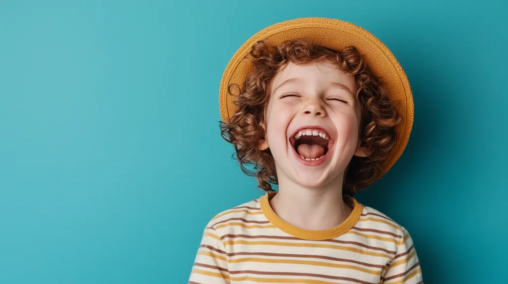 A young child with curly reddish-blonde hair and a wide, joyful grin is captured against a vibrant teal backdrop.  They are wearing a mustard-yellow sunhat and a horizontally striped shirt in shades of yellow and brown. The child's mouth is open in a loud laugh, showcasing their bright, healthy teeth.  The overall image conveys a sense of carefree happiness and youthful energy.