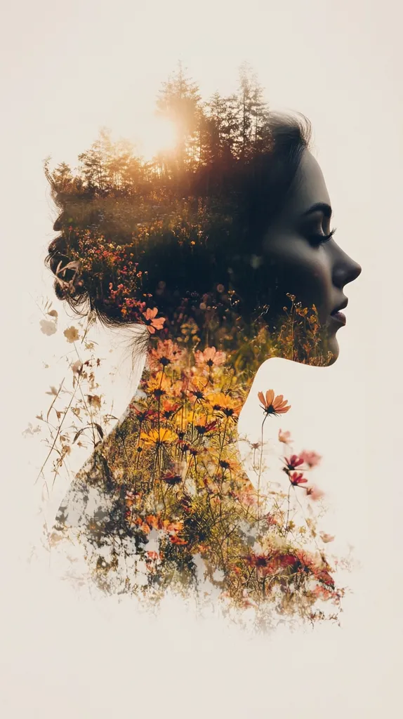 A double exposure image depicts a woman's profile superimposed with a vibrant landscape.  Her dark hair blends with a sunlit forest, while wildflowers and foliage fill her form.  The overall effect is serene and ethereal, suggesting a connection between inner peace and the natural world.  Warm tones dominate the image, creating a feeling of calm and tranquility.