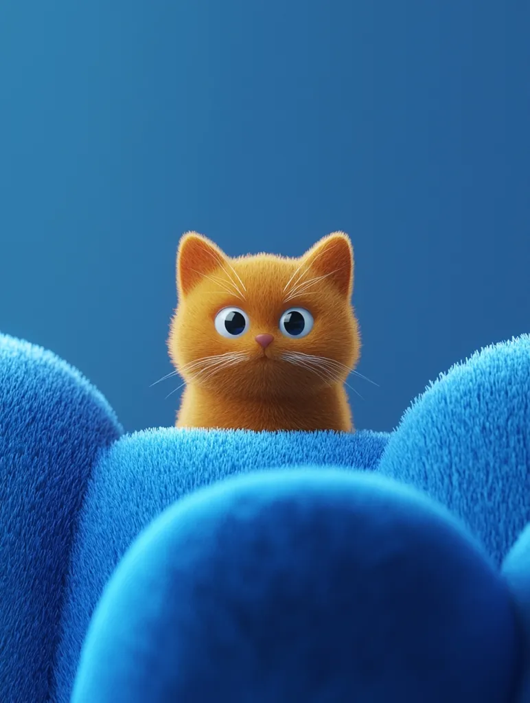 An adorable, orange kitten with large, expressive eyes peeks over a fluffy, blue, cloud-like surface against a deep blue background.  The kitten's fur is textured and realistic, contrasting with the soft, almost shag-like texture of the blue material. The overall image is playful and cute, emphasizing the kitten's curious expression.