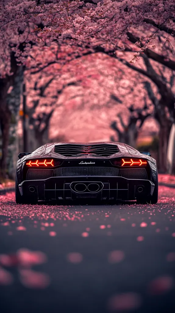 A black Lamborghini Aventador is parked on a road covered in pink cherry blossoms. The car is facing away from the camera, its taillights glowing.  The backdrop is a tunnel of blossoming cherry trees, creating a stunningly beautiful and romantic setting. The image showcases the contrast between the sleek lines of the car and the delicate beauty of nature.
