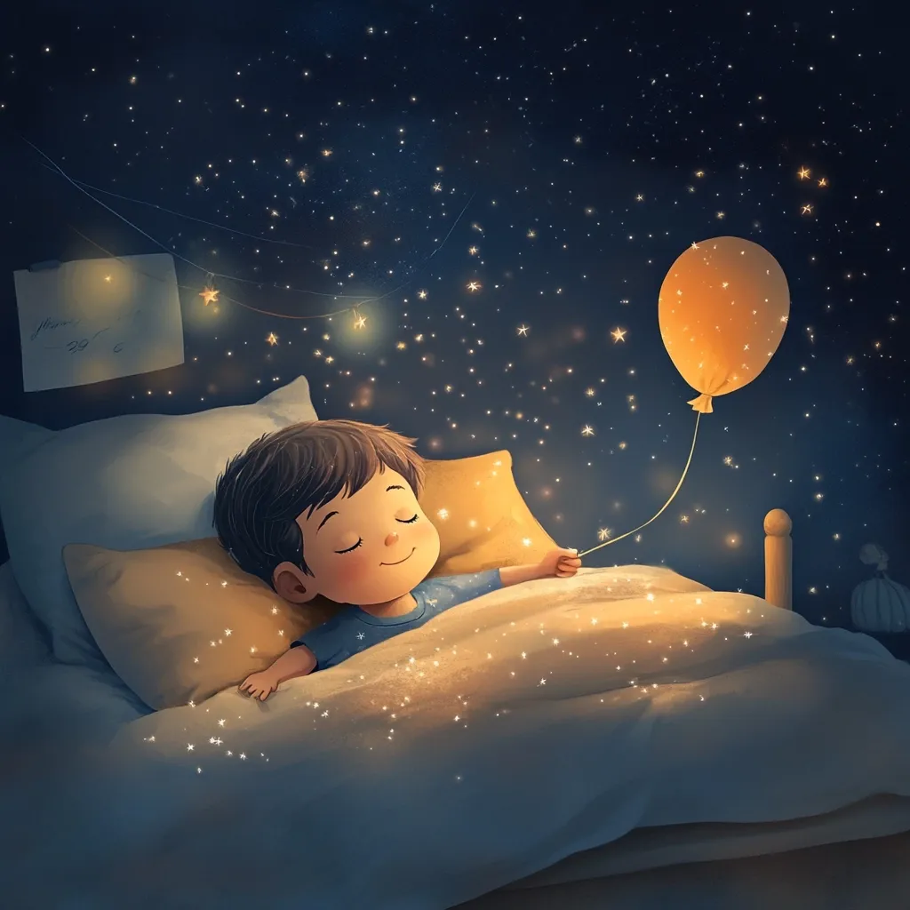 A young boy peacefully sleeps in his bed, surrounded by a magical, starry night scene.  A string of fairy lights illuminates his room, and he holds a glowing string attached to an orange balloon, adding to the dreamlike atmosphere.  Dust motes of light sparkle around him, creating a whimsical and enchanting bedtime scene.