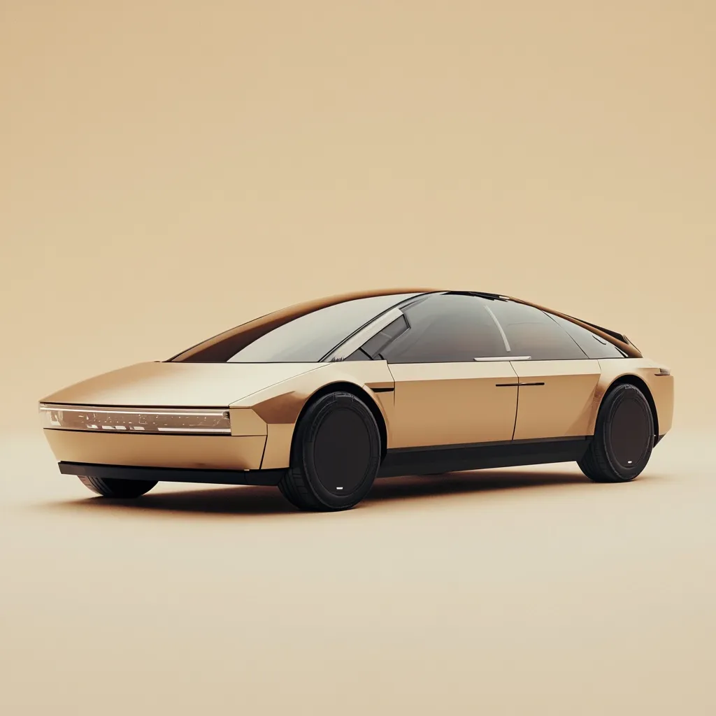 A sleek, gold-colored concept car is showcased against a muted beige background.  Its design is futuristic, with smooth curves and a low profile.  The car's dark tinted windows add to its modern aesthetic.  The image emphasizes the car's elegant lines and minimalist design, creating a sense of luxury and sophistication.
