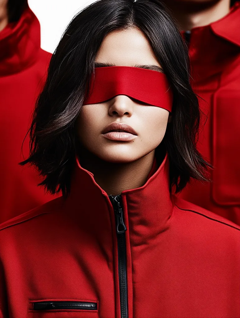 A young woman with dark hair wears a bright red zip-up jacket and a red blindfold.  The image is stark and minimalist, with a focus on the model's face and clothing.  She is surrounded by other figures in similar red attire, partially visible in the background. The overall effect is striking and evocative.