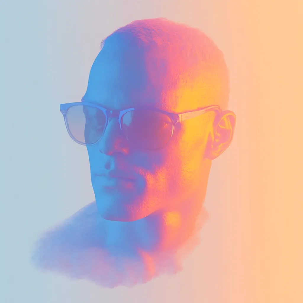 A stylized portrait of a man's head and shoulders, bathed in a vibrant blend of blue and orange hues. He wears sunglasses, his expression serene and contemplative.  The image employs a dreamy, almost ethereal quality, with a soft, diffused background that enhances the subject's otherworldly appearance. The lighting creates a strong contrast, highlighting the contours of his face and emphasizing the stylistic choices of the photograph.