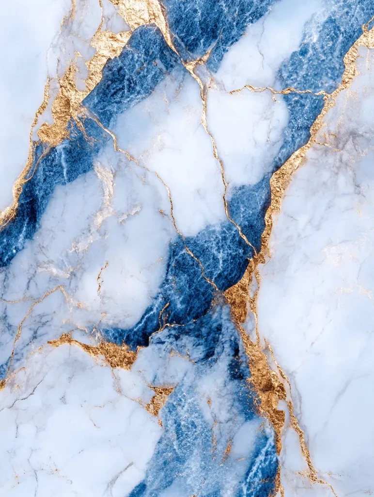 A stunning image showcasing a luxurious marble texture.  Swirling patterns of deep blue and crisp white marble are intricately interwoven, accented with glittering gold veins. The contrast between the cool blues and warm gold creates a visually captivating and elegant effect, reminiscent of precious gemstones.  The image is rich in detail and texture, perfect for a variety of design applications.