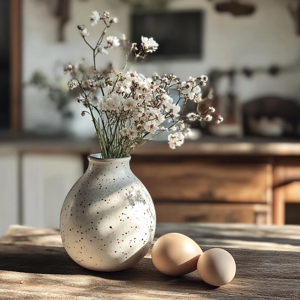 A speckled, cream-colored ceramic vase holds a bouquet of delicate white gypsophila flowers.  Two light brown eggs rest on a rustic wooden table beside the vase.  Sunlight streams into the background, illuminating the scene in a softly lit, minimalist setting. The overall aesthetic is calm and serene.