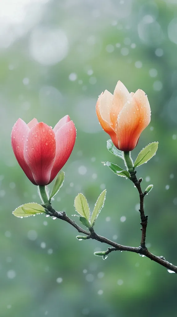 Two magnolia blossoms, one coral pink and one pale orange, grace a slender branch.  Rain droplets cling to their petals and leaves, creating a serene and refreshing scene. The soft, out-of-focus background of green and bokeh emphasizes the delicate beauty of the flowers, suggesting a peaceful, natural setting.