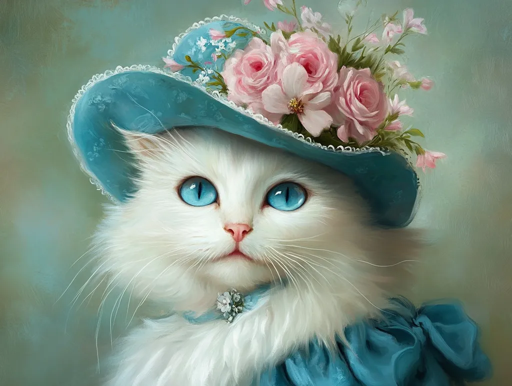 A fluffy white cat with striking blue eyes is the captivating subject of this painting.  The cat elegantly wears a charming teal hat adorned with pink roses and delicate flowers.  Its attire is completed with a matching teal ruffled collar, creating a sophisticated and whimsical portrait. The soft, painterly style enhances the cat's delicate features and overall elegant appearance.