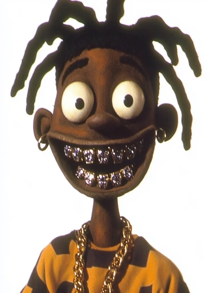 A close-up shot of a claymation character, a dark-skinned boy with large eyes, prominent teeth adorned with gold grills, and long dreadlocks. He sports a gold rope chain necklace and a yellow and dark-colored horizontally striped shirt.  The character's expression is one of wide-eyed amusement.  The background is plain white.