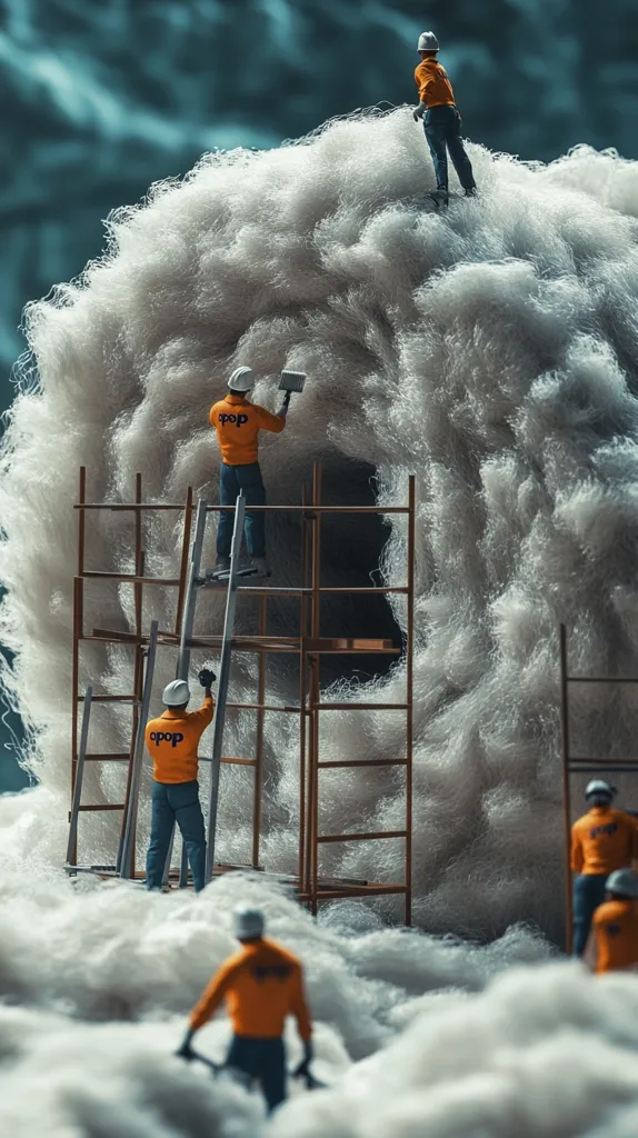 Miniature workers in orange overalls and hard hats meticulously sculpt a massive, fluffy, white cloud-like structure.  They use scaffolding and tools, their small figures dwarfed by the immense, ethereal material.  The scene is surreal and artistic, suggesting a whimsical construction project on an unusual scale.  One worker stands atop the structure, surveying the progress.