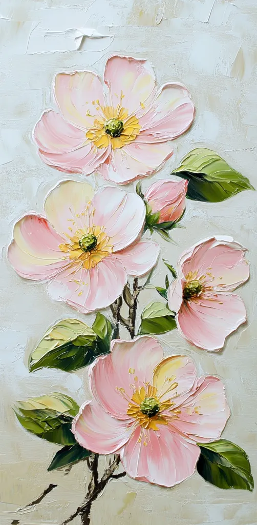 A vibrant oil painting showcases a cluster of delicate pink flowers, possibly dogwoods or a similar species, in full bloom.  The artist uses thick impasto brushstrokes to create texture and depth, highlighting the blossoms' soft petals and contrasting them with rich green leaves.  The light background enhances the flowers' luminosity, creating a serene and beautiful composition. The style is reminiscent of impressionistic floral painting.