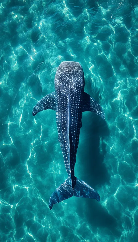 An overhead shot captures a whale shark gracefully swimming in crystal-clear turquoise water.  Its distinctive spotted pattern is clearly visible against the vibrant backdrop. The sunlight filtering through the water creates shimmering patterns, enhancing the underwater scene's beauty. The shark's powerful tail fin and gentle movements are beautifully showcased in this serene aquatic image.