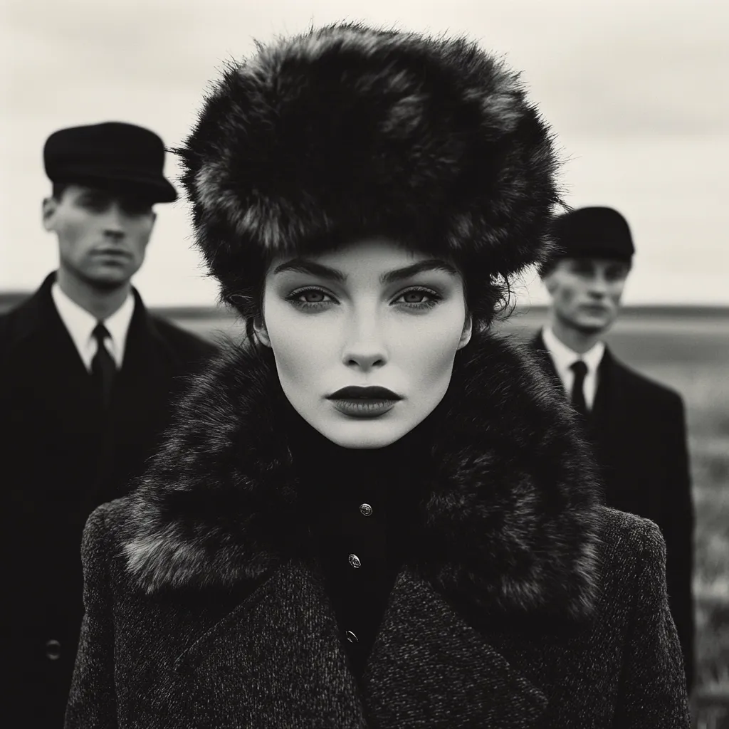 A black and white portrait showcases a woman in a striking fur hat and coat, her gaze direct and intense. Two men in dark suits and caps stand blurred in the background, flanking her. The image evokes a sense of mystery and power, the woman's commanding presence contrasting with the softly focused figures behind.  The monochromatic palette enhances the dramatic mood.