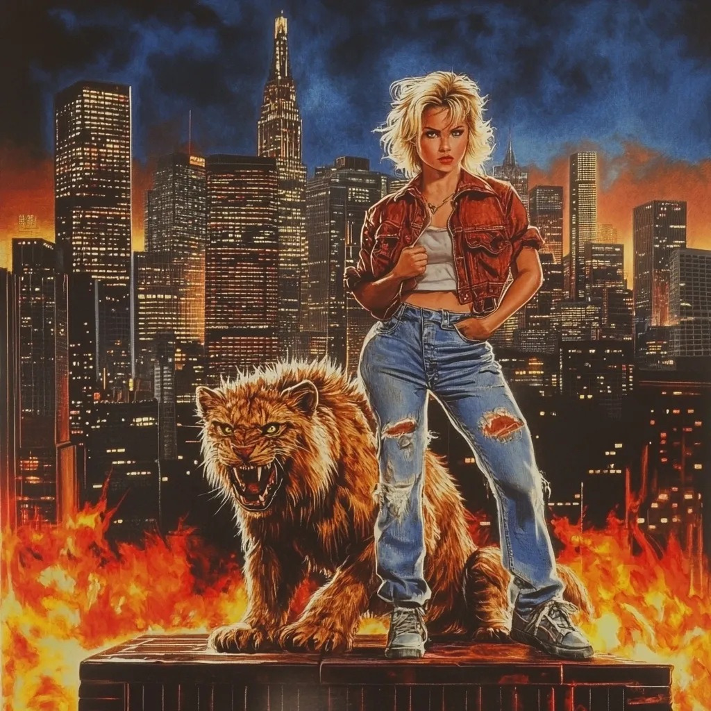 A blonde woman in a red jacket and distressed jeans stands defiantly beside a snarling, large lion-like creature.  They are perched atop a building against a backdrop of a fiery, nighttime cityscape.  Tall skyscrapers blaze with light, creating a dramatic and intense atmosphere. The overall style is reminiscent of 80s action movie posters.
