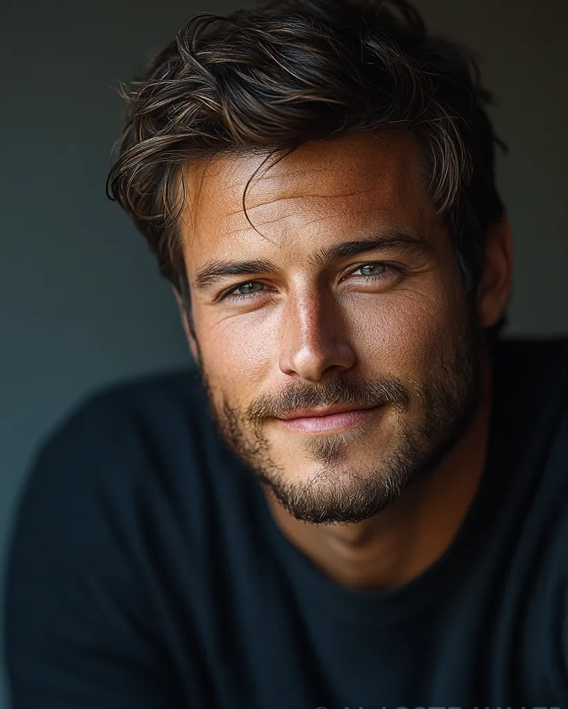 Close-up portrait of a handsome man with styled dark brown hair, a neatly trimmed beard, and expressive green eyes.  He's wearing a dark navy or black crew neck shirt. His expression is pleasant and approachable, with a slight smile. The lighting accentuates his features, creating a soft and appealing image.
