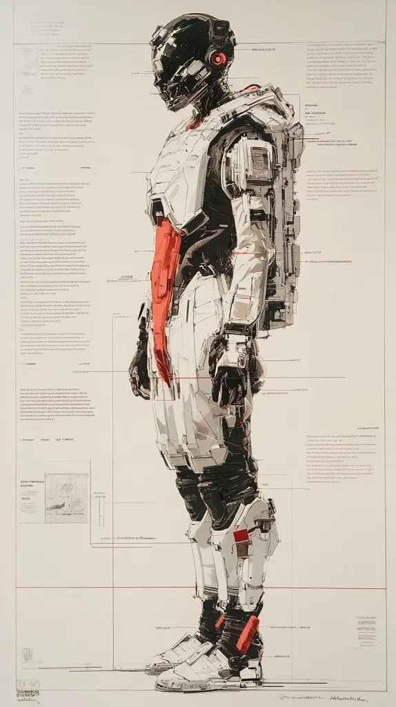 A detailed technical drawing showcases a futuristic, white and red armored suit.  The design includes numerous labeled components and specifications, suggesting a conceptual design for a video game or film. The suit is depicted in profile, revealing intricate details of its construction and highlighting its advanced technology.  Surrounding text provides additional information, possibly about the suit's capabilities or origins.