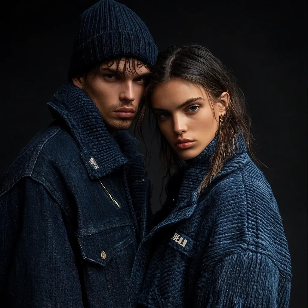 A close-up shot portrays a young man and woman, intimately positioned against a dark backdrop.  The man, wearing a dark knit beanie and denim jacket, rests his arm around the woman. She sports a dark, textured corduroy jacket.  Both are styled in a coordinated dark denim aesthetic, creating a moody and stylish image.  Their expressions are serious and intense.