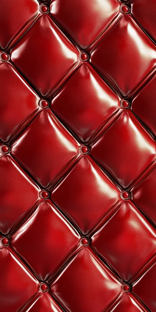A close-up shot reveals a luxurious texture of deep red leather, meticulously tufted in a diamond pattern.  Each diamond is defined by subtle stitching and small, circular buttons, creating a rich, glossy surface with a classic, elegant appeal.  The image emphasizes the smooth, almost reflective quality of the leather.