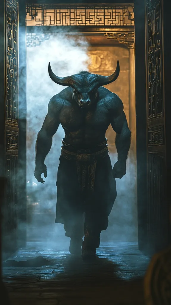 A muscular, humanoid Minotaur emerges from a dimly lit, ornate doorway.  Shrouded in ethereal smoke, the creature's bovine head and powerful physique are stark against the dark background.  It strides purposefully, its dark clothing and imposing presence creating a sense of mystery and power. The ancient-looking doorway suggests a mythical or fantasy setting.