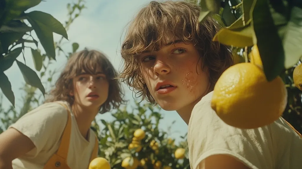Two young people with shaggy brown hair stand amidst a lemon grove.  Sunlight filters through the leaves, illuminating their faces. One person is in focus, their face partially obscured by a large lemon hanging from a branch.  The overall aesthetic is warm and nostalgic, reminiscent of a summer day.  They wear simple, light-colored clothing, blending with the sunny, citrusy atmosphere.