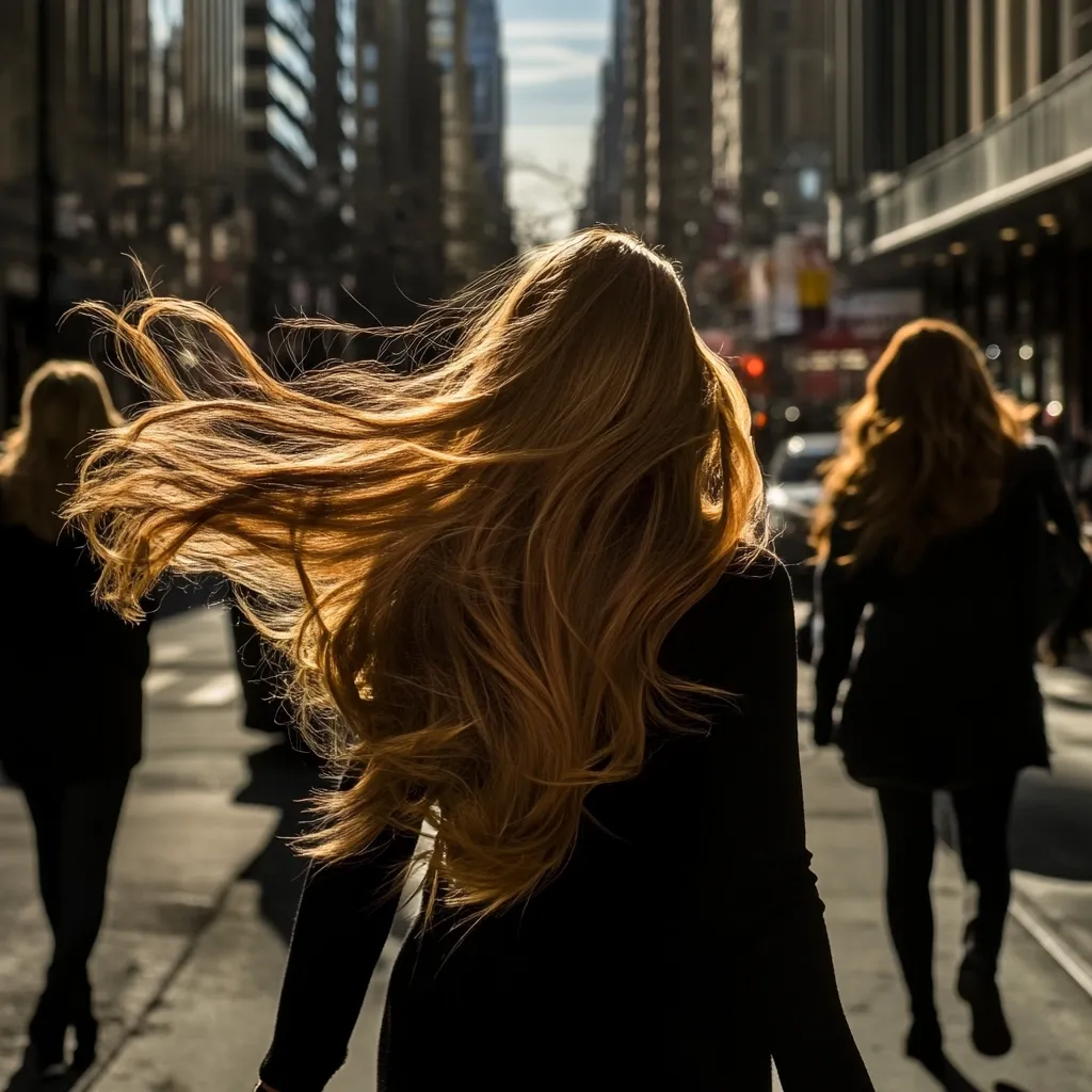 A woman with long, flowing light brown hair walks down a city street, her hair blowing in the wind.  Two other women, also with long hair, walk ahead of her, blurred in the background. The city buildings loom tall behind them, bathed in sunlight. The scene is dynamic and captures a moment of urban life.